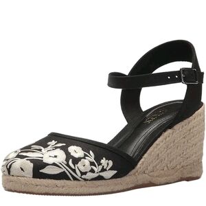 Ralph Lauren Hayleigh Embroidered Black Wedge Espadrilles Women's White Heels 8